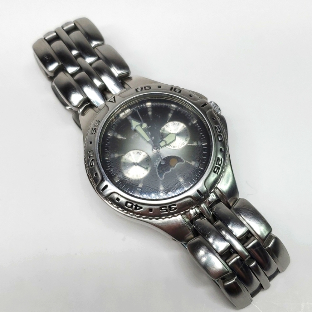Fossil Blue Watch Mens BQ-9135 Silver Steel Wristband Gray Face Moonphase